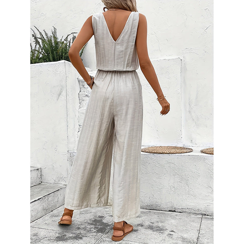 Women's Jumpsuit – Wide Leg – Sleeveless – Buttons – Relaxed Fit Cotton Blend