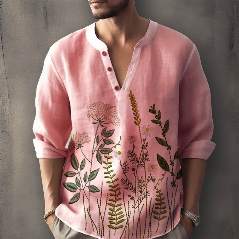 Men's Shirt – Relaxed Fit – Floral Embroidery – Henley Neck – Light Cotton Blend