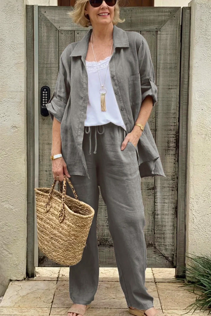 Women's Set with Shirt and Pants – Linen – Relaxed Fit – Buttons – Drawstring
