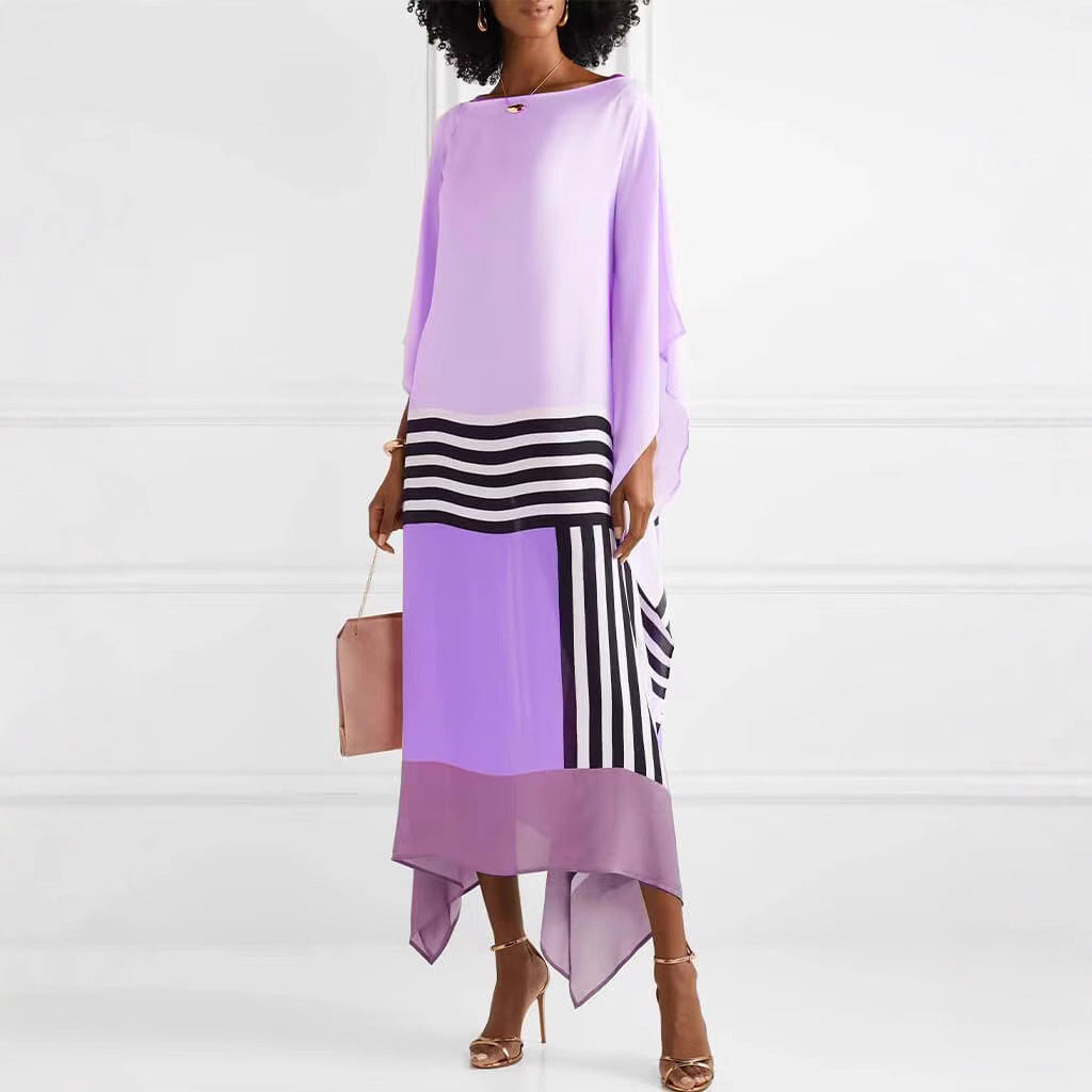 Women's Maxi Dress – One Shoulder – Loose Fit – Asymmetric Hem – Striped Panel