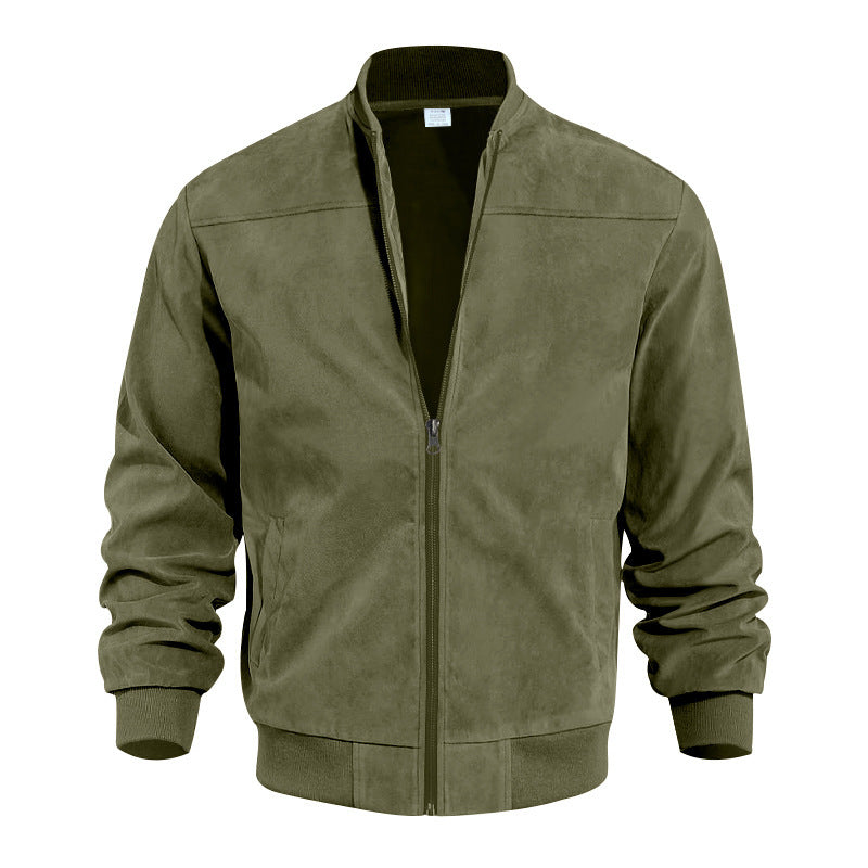 Men's Bomber Jacket – Suede Texture – High Collar – Elastic Hem and Cuffs