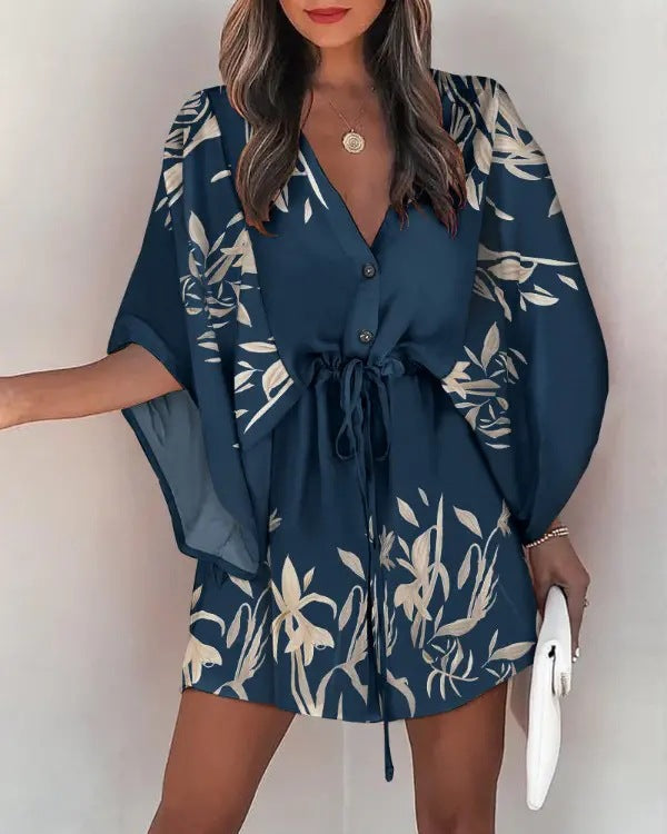 Dress woman – Mini dress with loose fit – V-neck – Lace waist – Ruffle sleeves