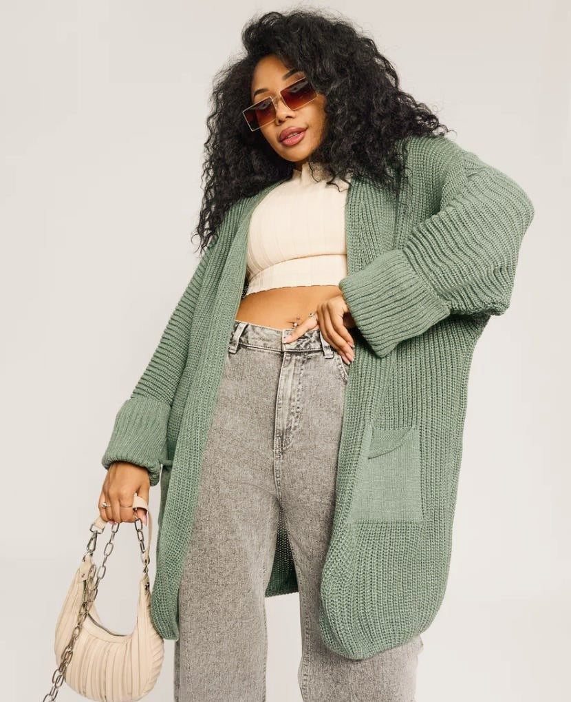 Women's Cardigan – Oversized Fit – Knitted Wool Blend – Ribbed Sleeves – Open Front