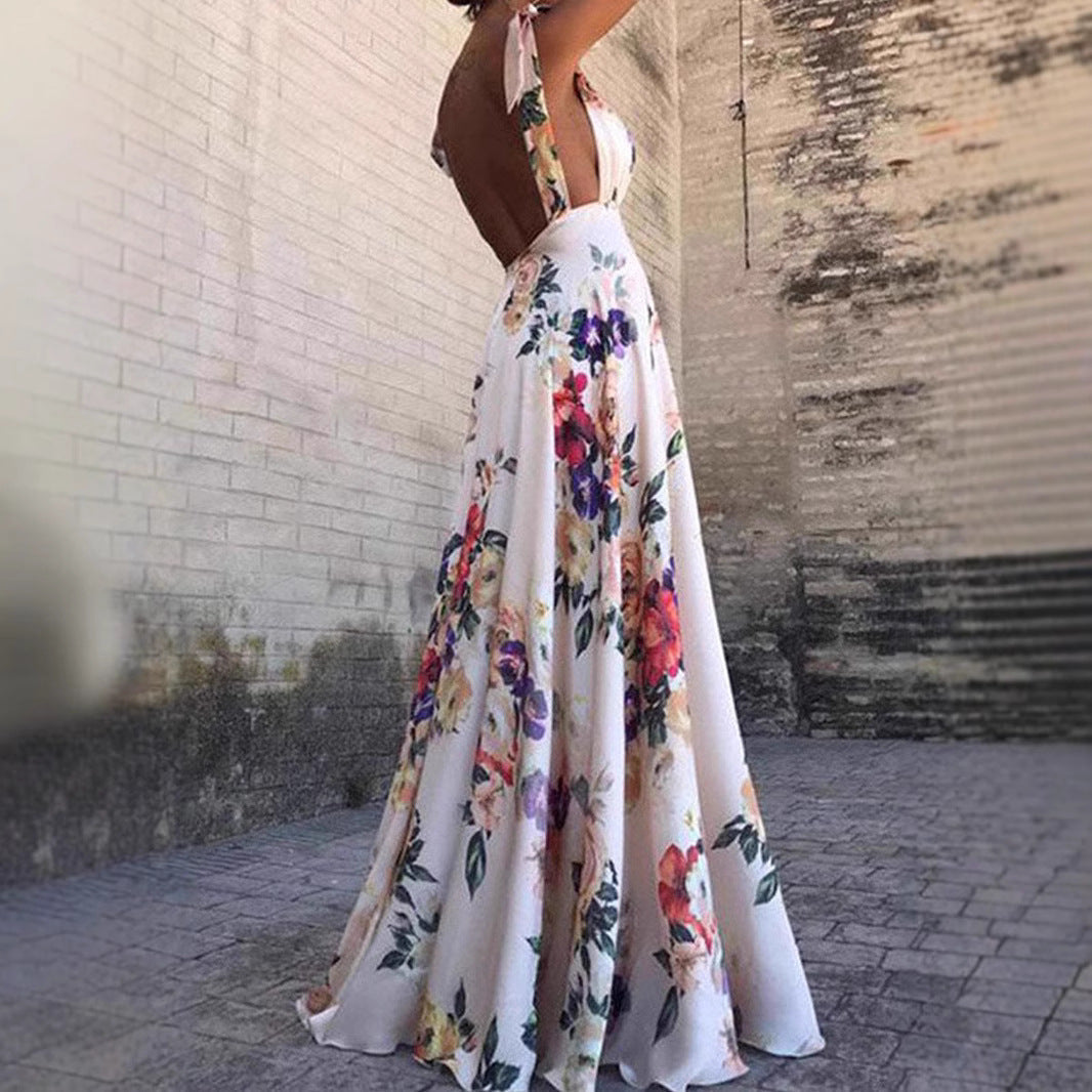 Dress woman maxi – A-line fit – Sleeveless backless – Floral print – Spaghetti straps