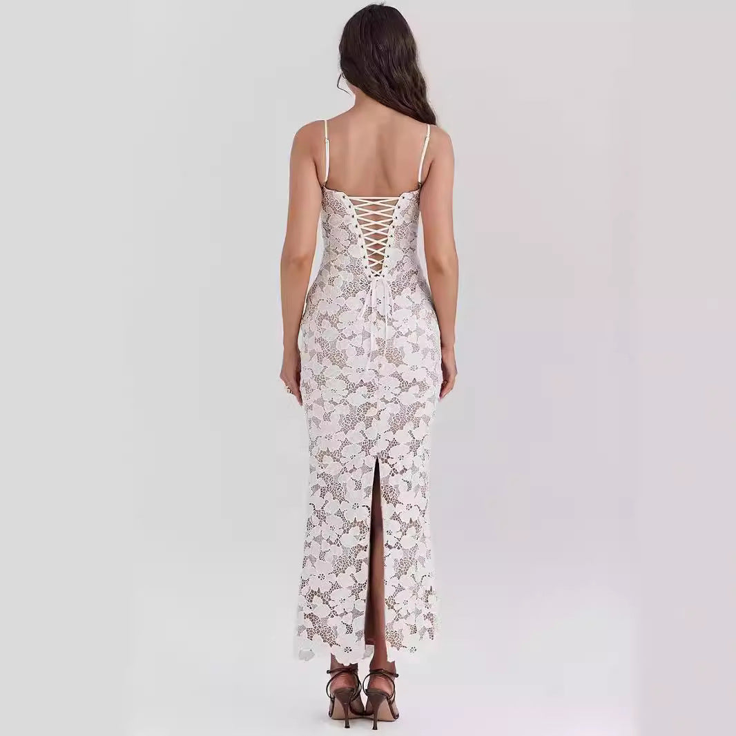 Dress for Women – Slim Fit – Ankle Length – Lace – Spaghetti Straps – Heart-Shaped Neckline