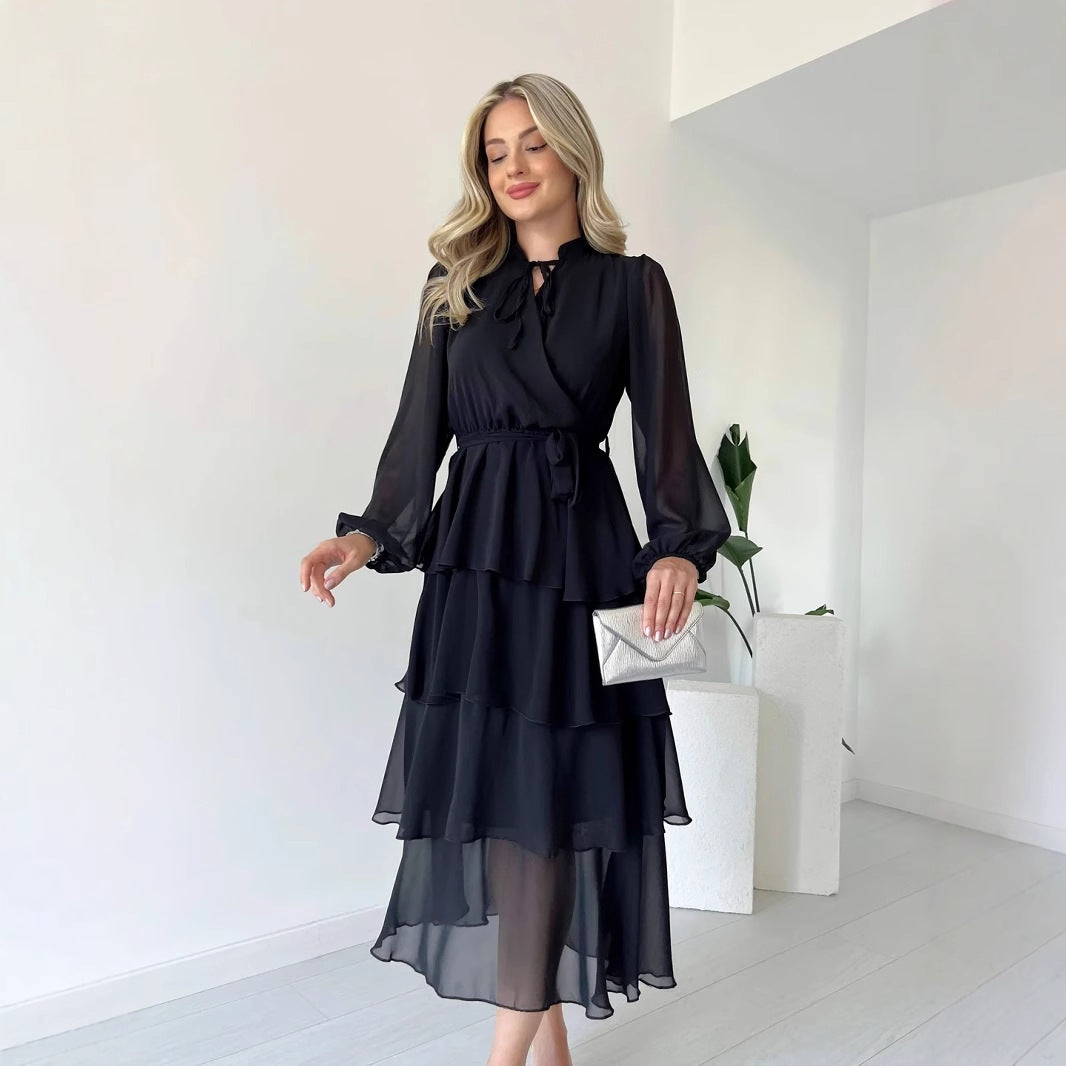Dress woman – chiffon – midi length – A-line with ruffles – long sleeves – tie at the waist