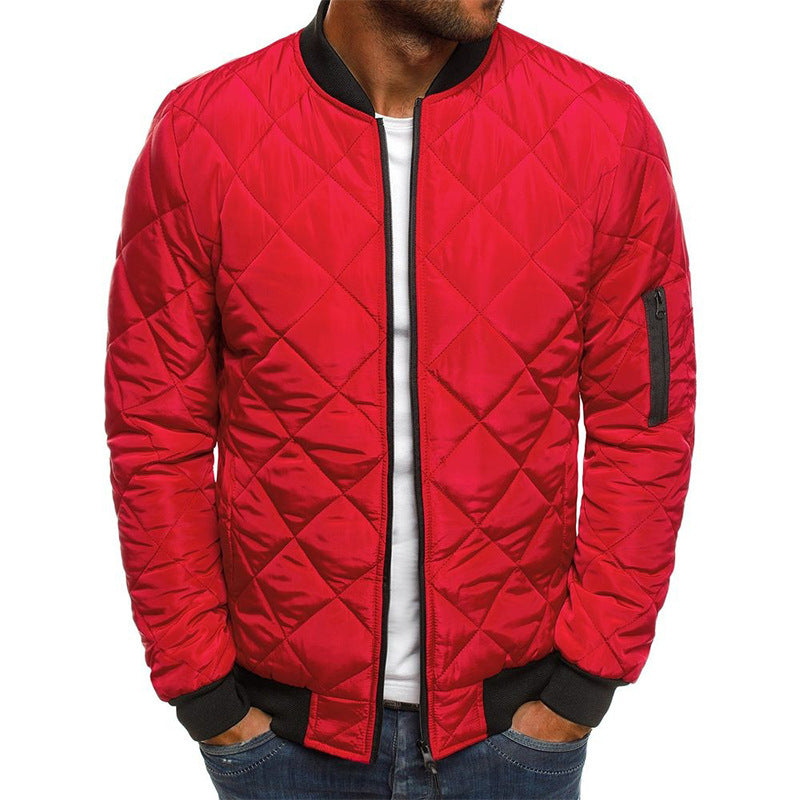 Men's Jacket – Padded Cotton Blend – Regular Fit – Check Quilt – Zipper Closure