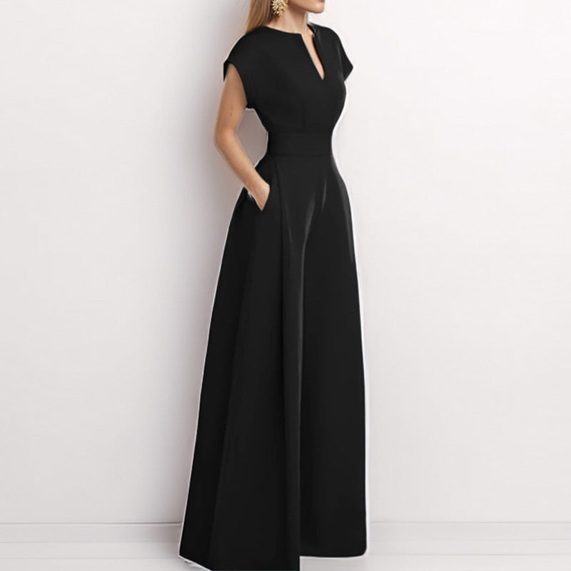 Women's Jumpsuit – Wide Fit – V-Neck – Short Sleeves – Wide Legs – Elegant Style