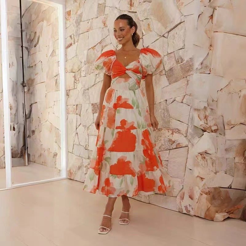 Dame Maxi Kjole – Elegant Print – Pufferm – Avslappet Passform – Lett Bomull