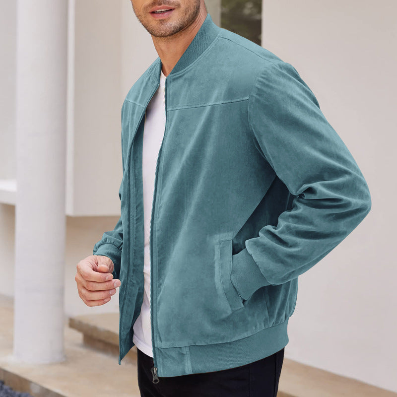 Men's Bomber Jacket – Suede Texture – High Collar – Elastic Hem and Cuffs