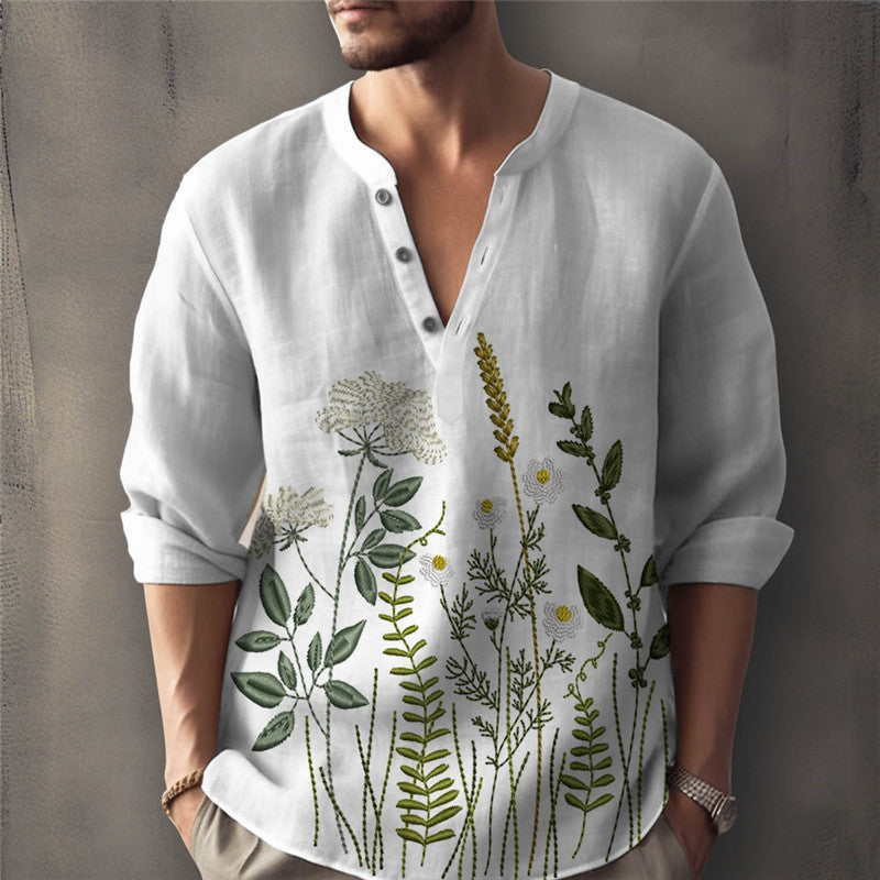 Men's Shirt – Relaxed Fit – Floral Embroidery – Henley Neck – Light Cotton Blend