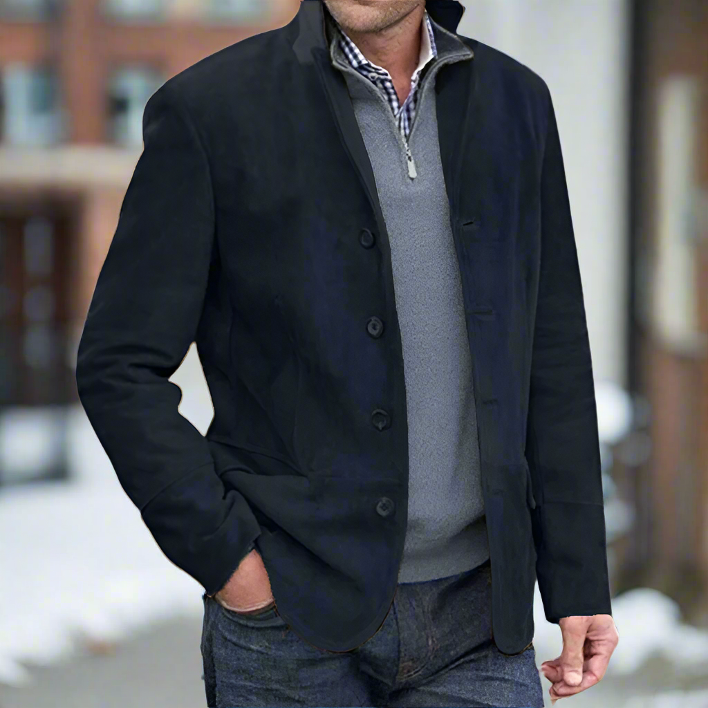 Men's Leather Jacket - Suede Leather - Classic Cut - High Collar - Button Closure