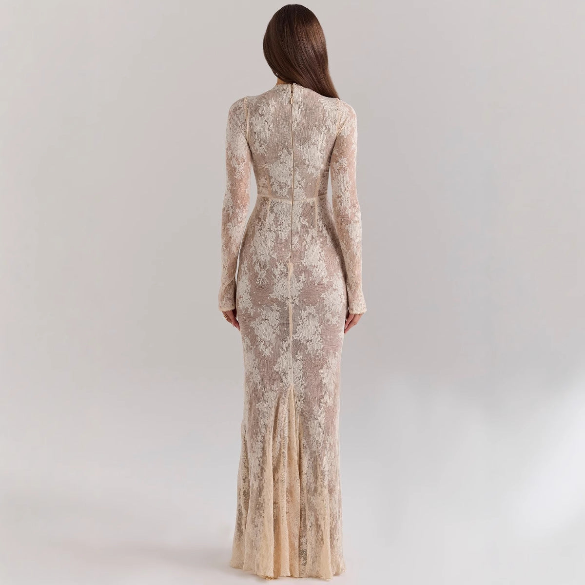 Dress for Women – Slim Fit – Lace – Long Sleeved – Floor Length with Mermaid Shape – High Neck