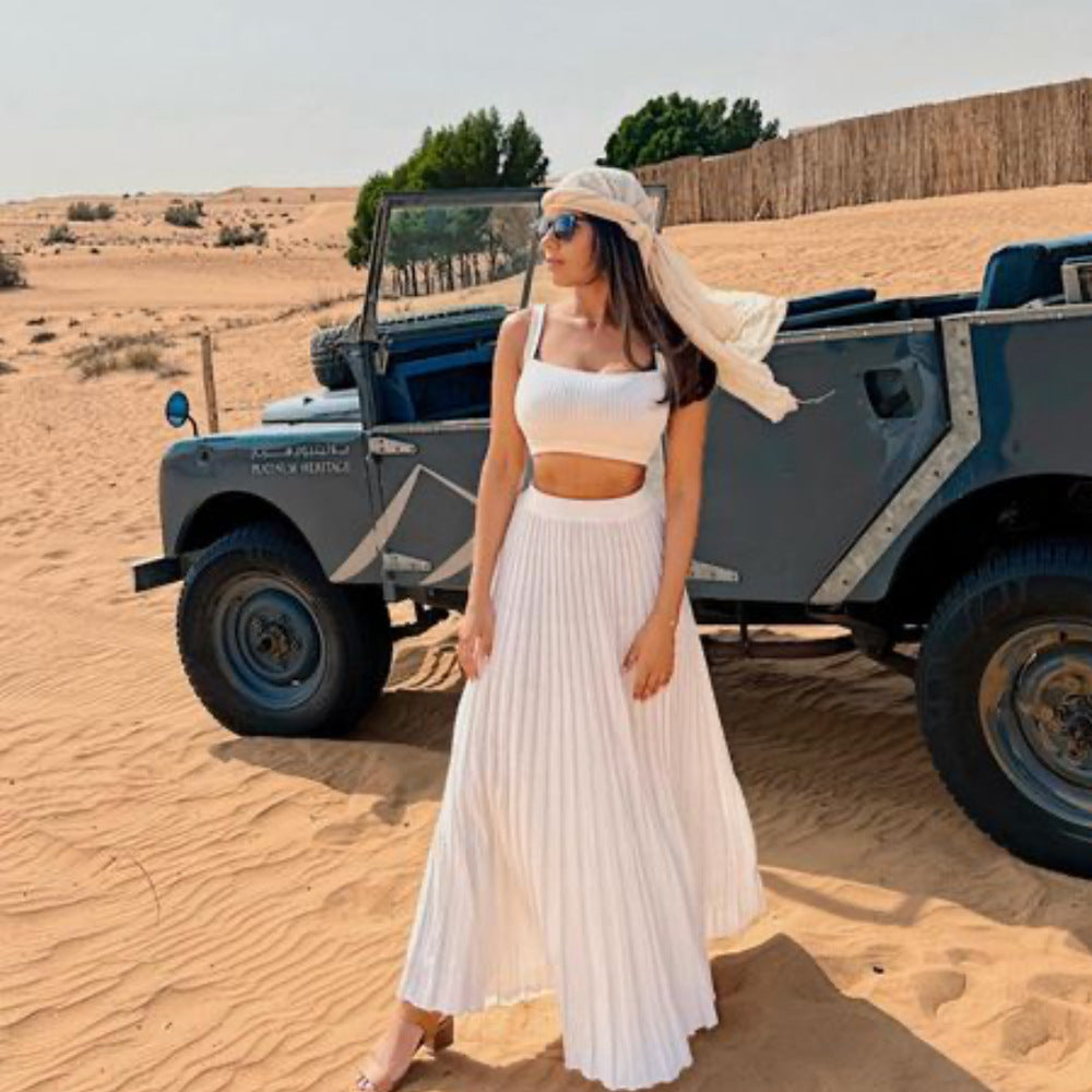 Women's Set – Ribbed Knit Crop Top and Pleated Maxi Skirt – Tight Fit