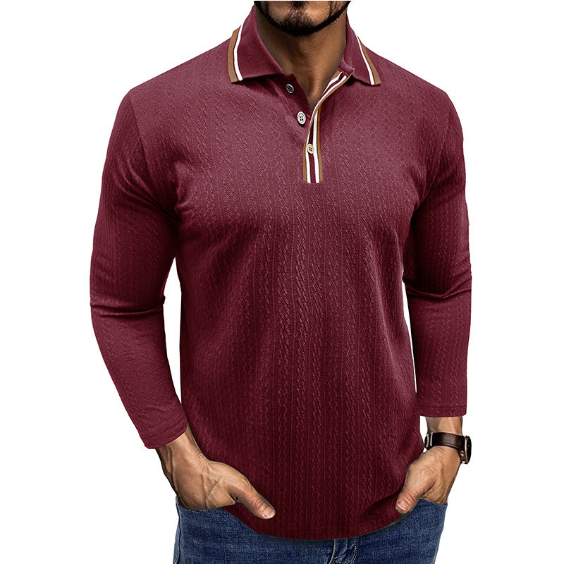 Men's Polo Shirt – Tailored Fit – Long Sleeve – Striped Collar – Knitted Texture