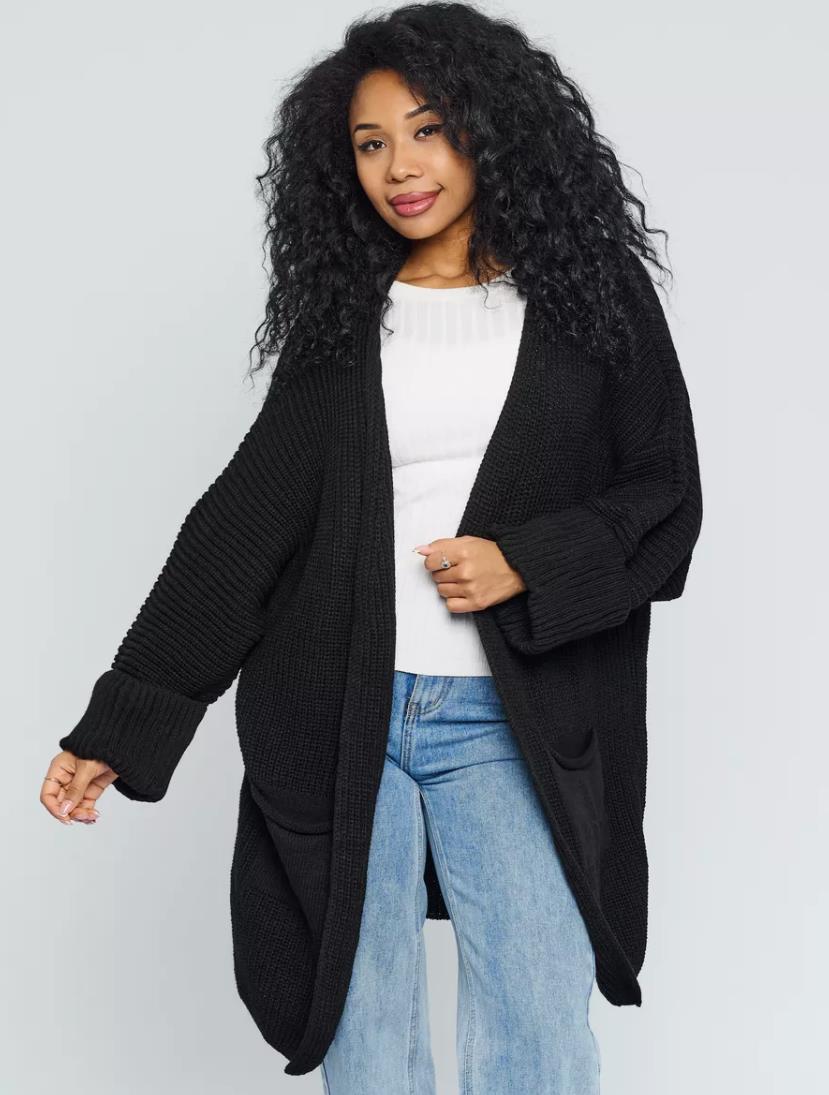 Women's Cardigan – Oversized Fit – Knitted Wool Blend – Ribbed Sleeves – Open Front