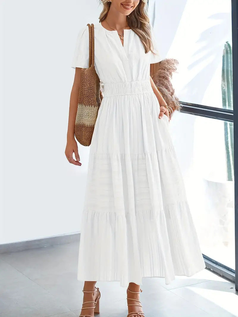 Women's Maxi Dress – V-Neck – Puff Sleeves – Light A-Line – Ruched Waist – Layered Skirt