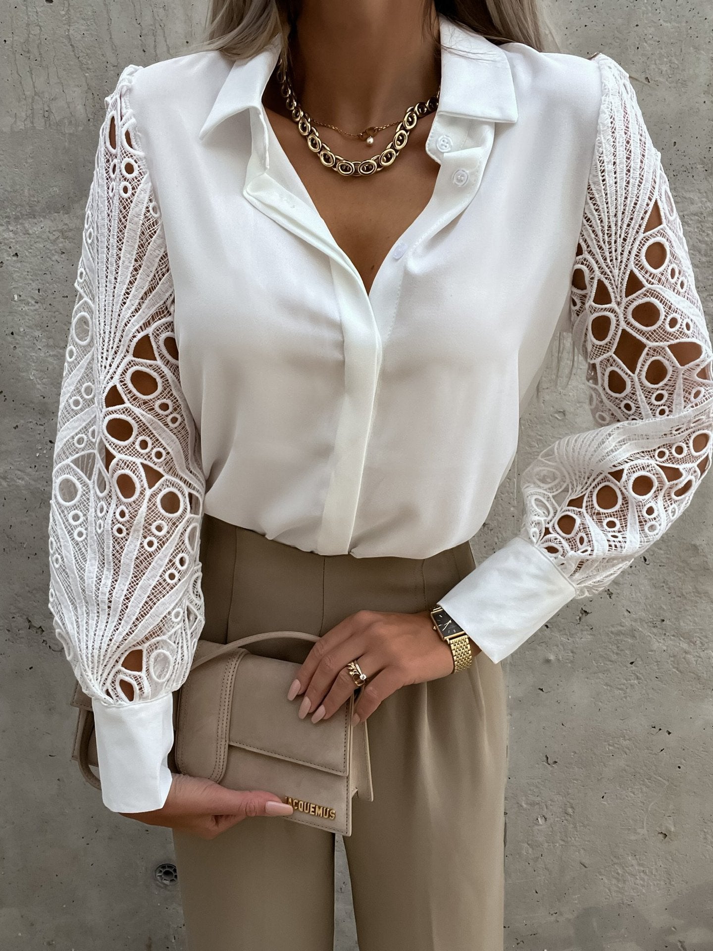 Women's Blouse – Structured Fit – Lace Sleeves – Button Front – Office Use