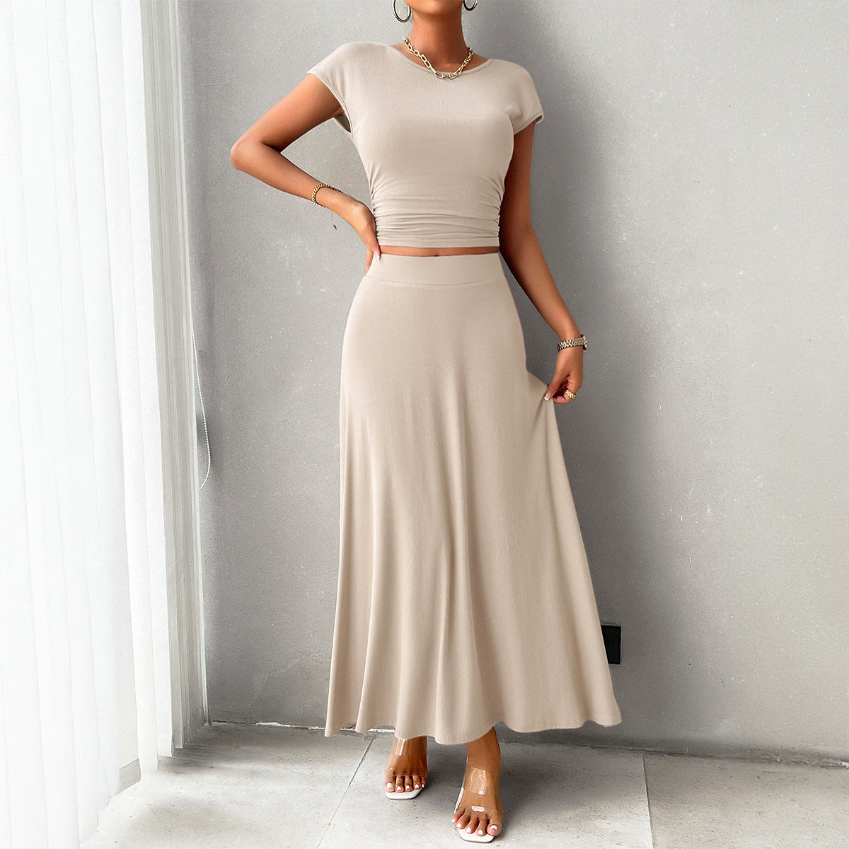 Dress Set Women – Slim Fit Crop Top – Ruched Detail – Long Flowing Skirt