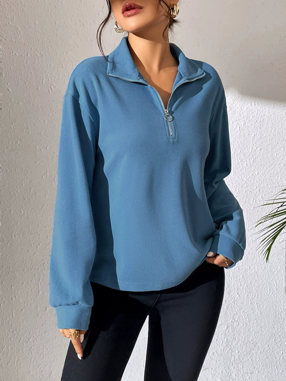 Women's Sweater with Half Zipper – Relaxed Fit – Cotton Blend – Long Sleeves