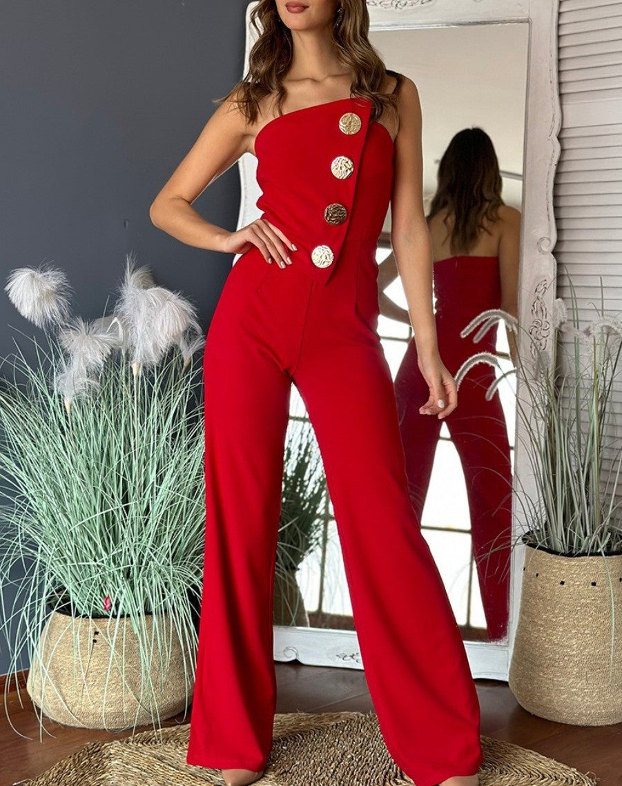 Women's jumpsuit – one shoulder – slim fit – wide legs – gold buttons