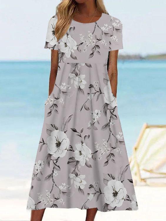 Women's Summer Midi Dress - Short Sleeves, Relaxed Fit - Print, Round Neck