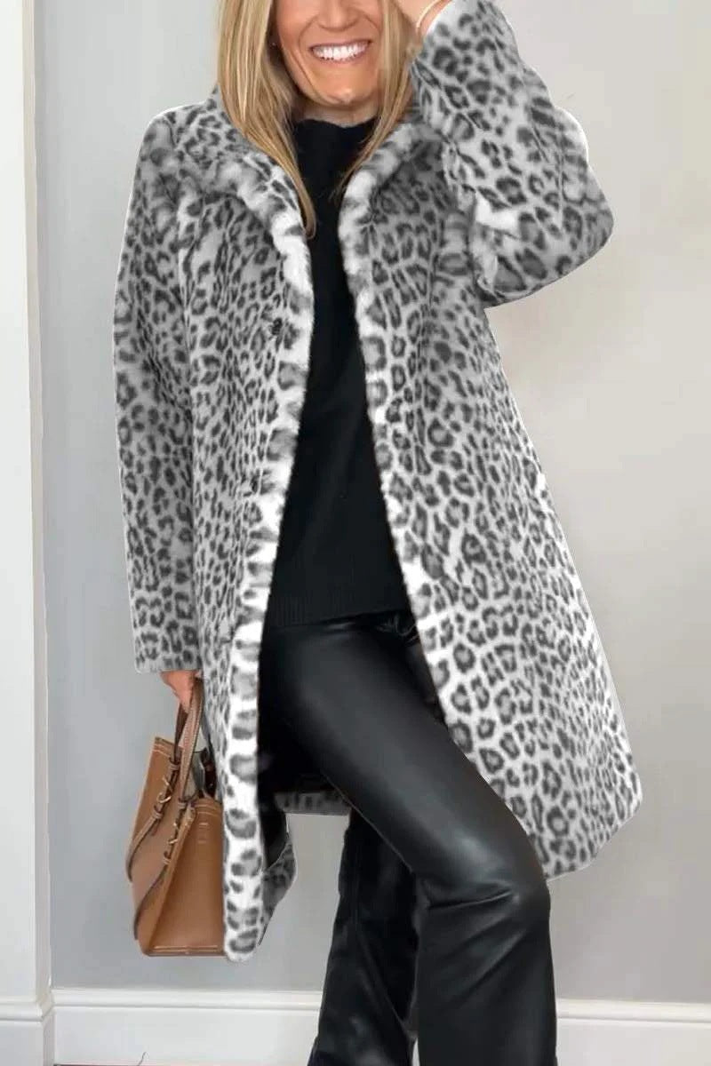 Women's Coat – Faux Fur – Oversized Fit – Animal Print – Open Front – Notch Collar
