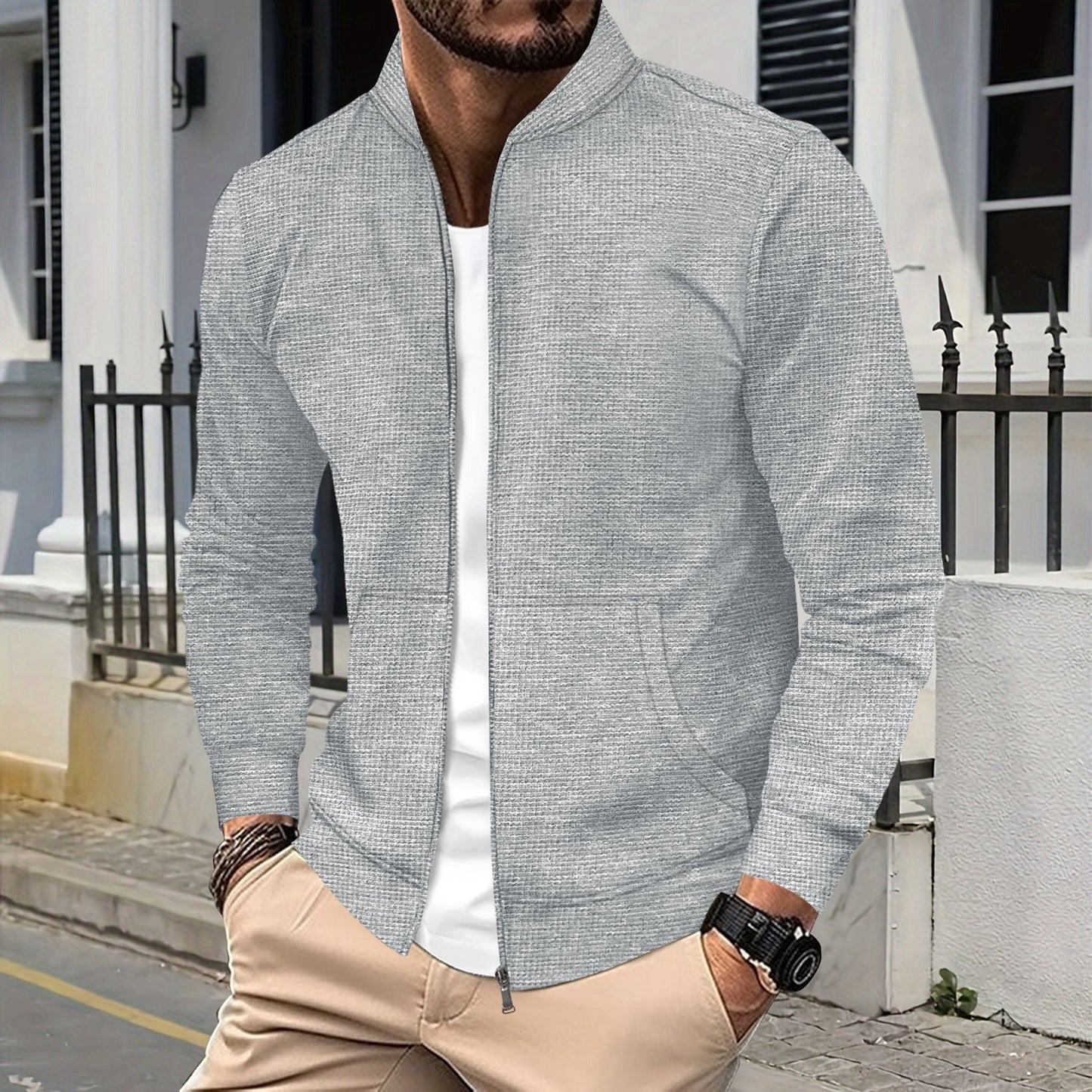 Men's Zip Jacket – Athletic Fit – Textured Fabric – Ribbed Edges – Front Pockets