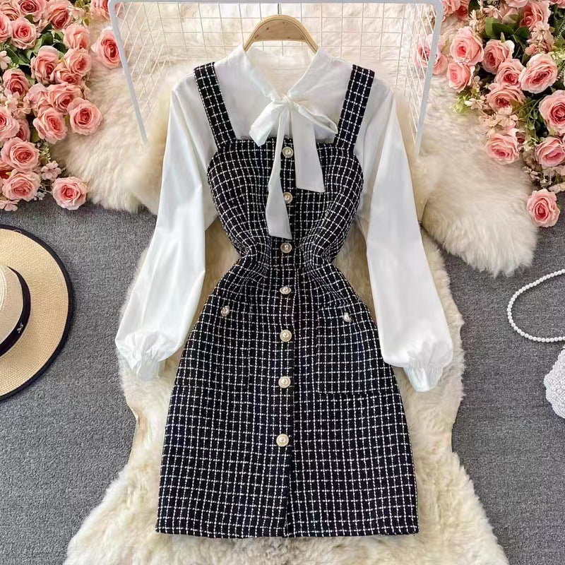 Women's Set with Pinafore Dress – Tweed – A-line – Blouse with Bow and Puff Sleeves
