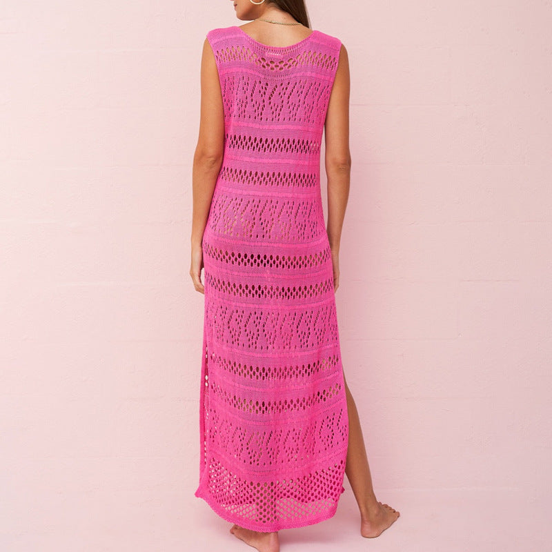 Women's Knitted Dress – Sleeveless Slim Fit – Open Knit – Side Slit