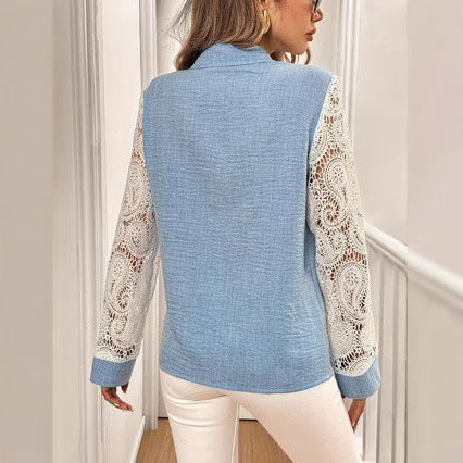 Women's Blouse – Relaxed Fit – Lace Sleeves – Breathable Fabric – Shirt Collar