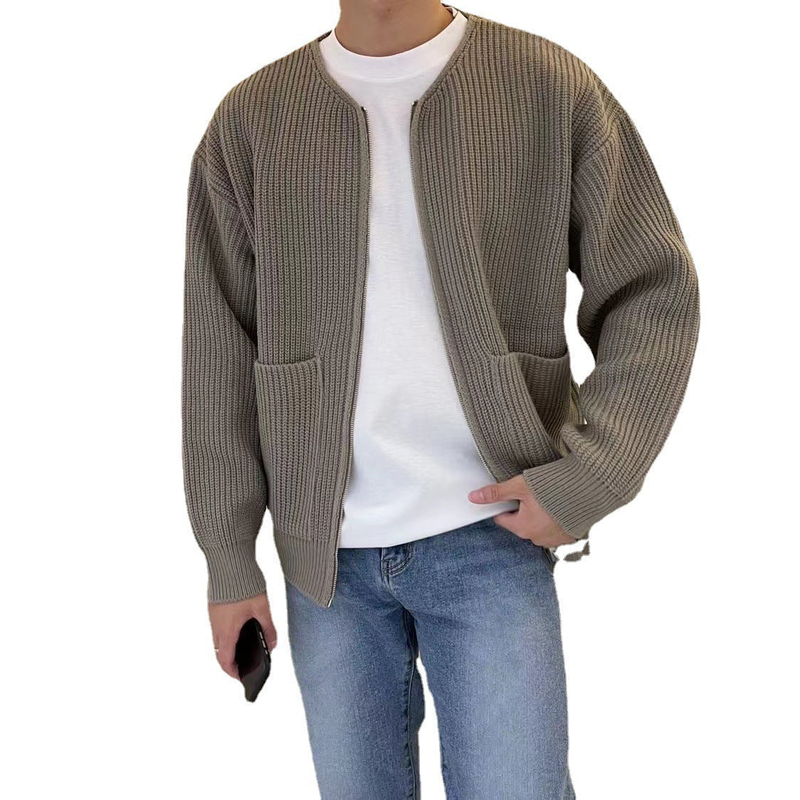 Men's Cardigan – Relaxed Fit – Ribbed Knit – Open Front – Soft Wool Feel