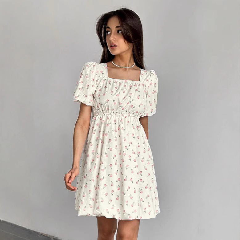 Women's Dress A-line – Short Length – Puff Sleeves – Floral Print – Square Neckline