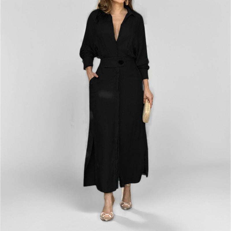 Dress for Women – Shirt Model – Linen – V-Neck – Waist Belt – Long Sleeves – Midi Length