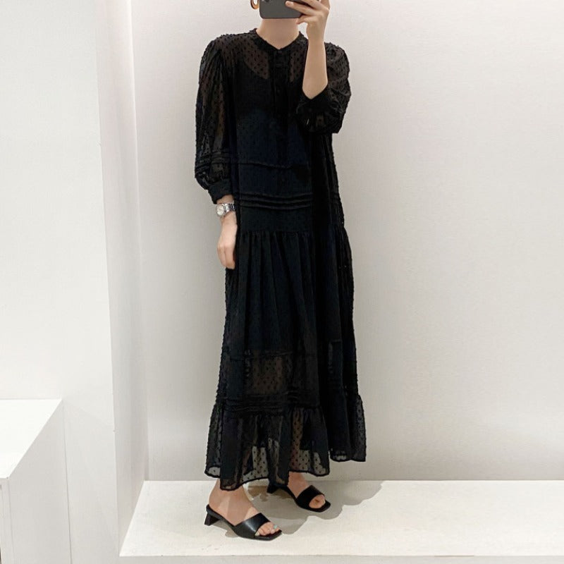 Maxi Dress for Women - Elegant Layered Design - Soft Pin Dot Pattern