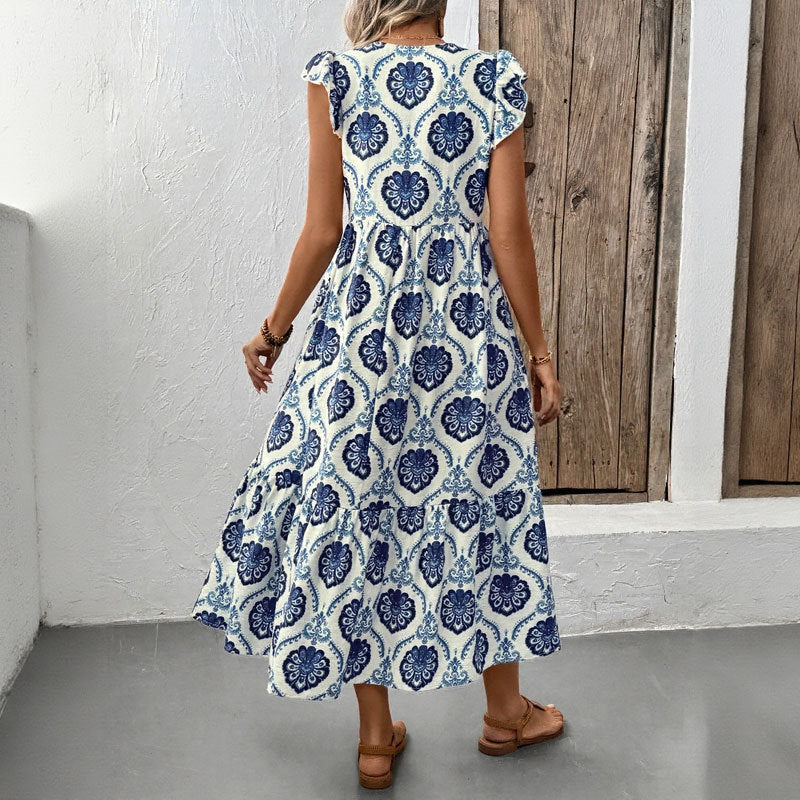 Dress woman – Long loose fit – Cotton blend – Floral pattern – V-neck