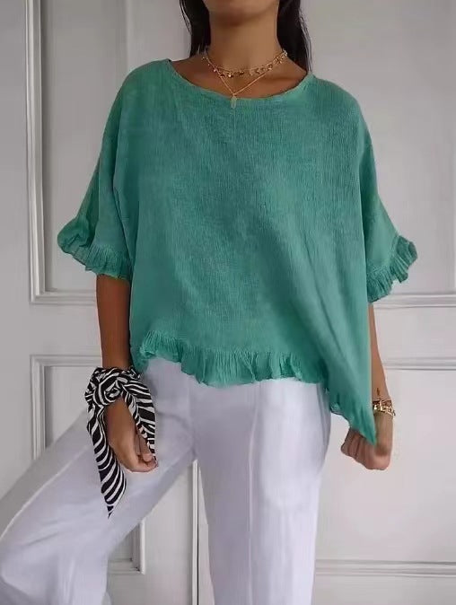 Women's Blouse – Linen and Cotton – Relaxed Fit – Ruffle Edge – Round Neck