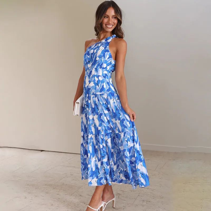 Women's Maxi Dress – One-Shoulder – A-Line Fit – Sleeveless – Breathable Printed Fabric