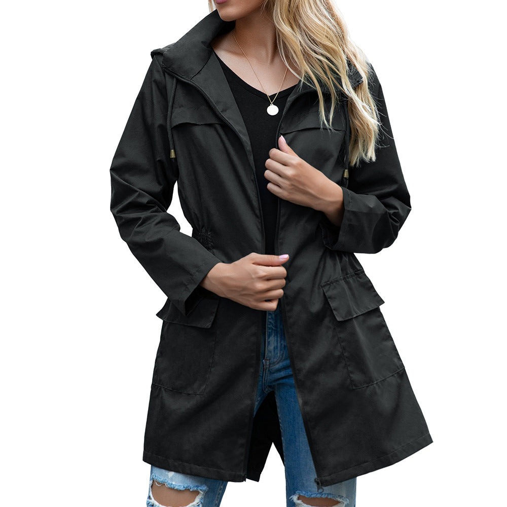 Women's Rain Jacket – Water-Repellent – Hood – Waist Adjustment – Light Mid-Length Fit