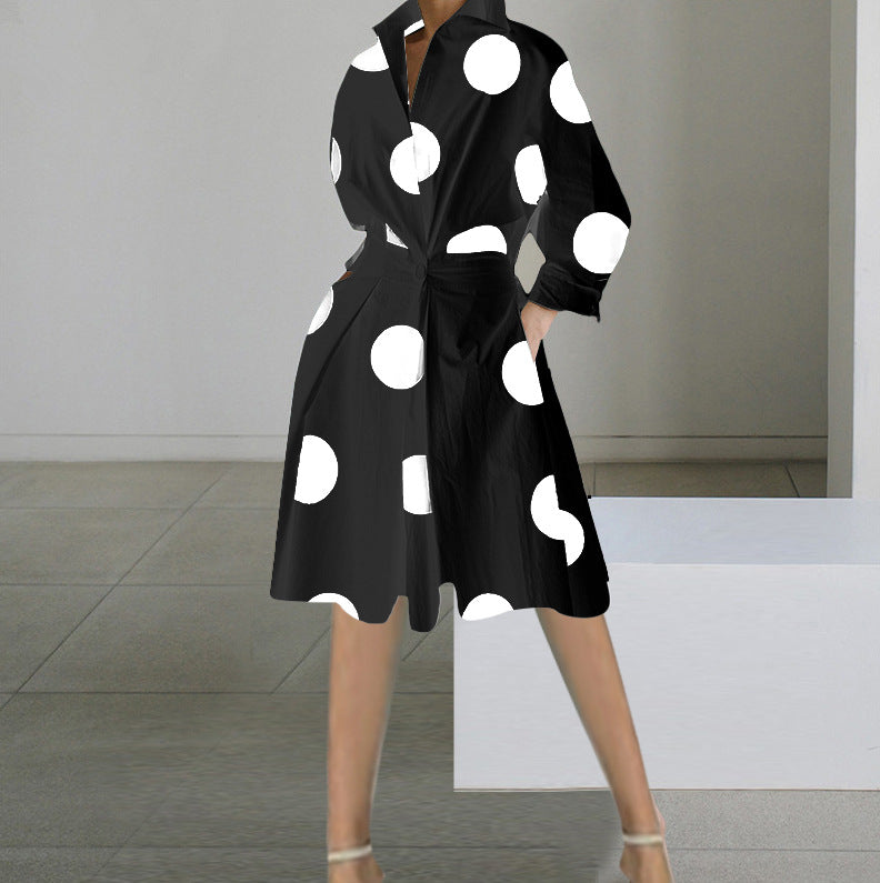 Dress for Women – Mid-length – V-neck – Long Sleeves – Polka Dot – Relaxed Fit