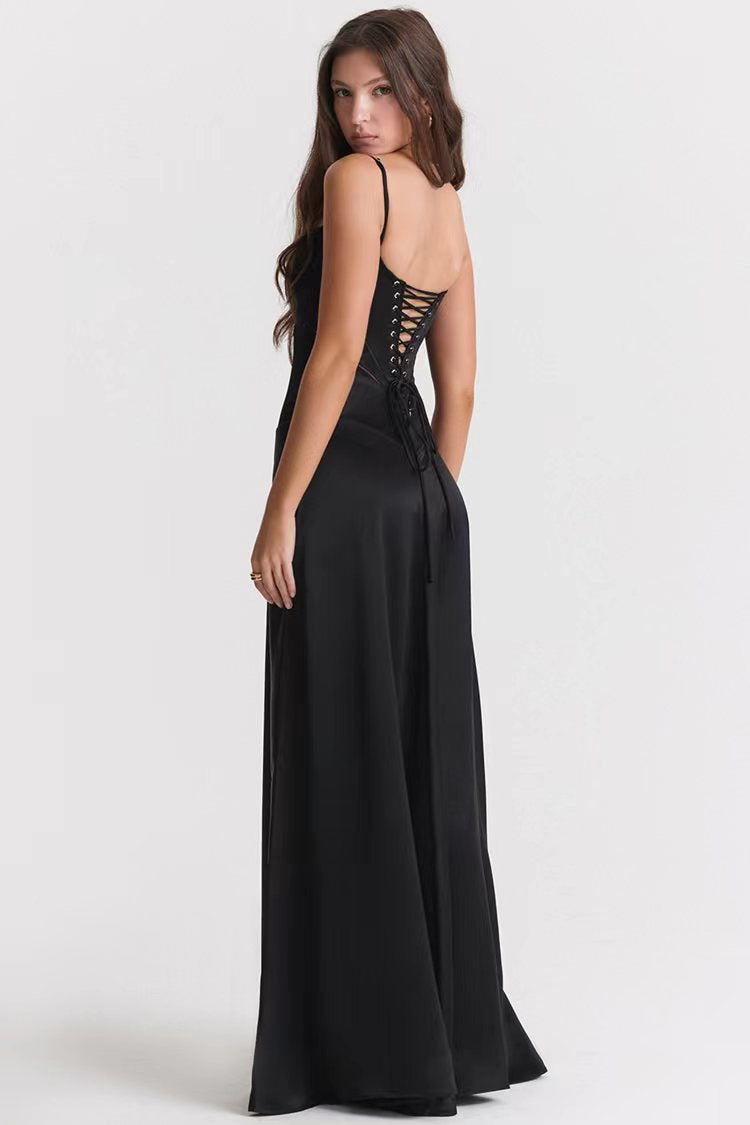 Dress for Women – Satin – Figure-Hugging Fit – Spaghetti Straps – Open Back – Floor-Length
