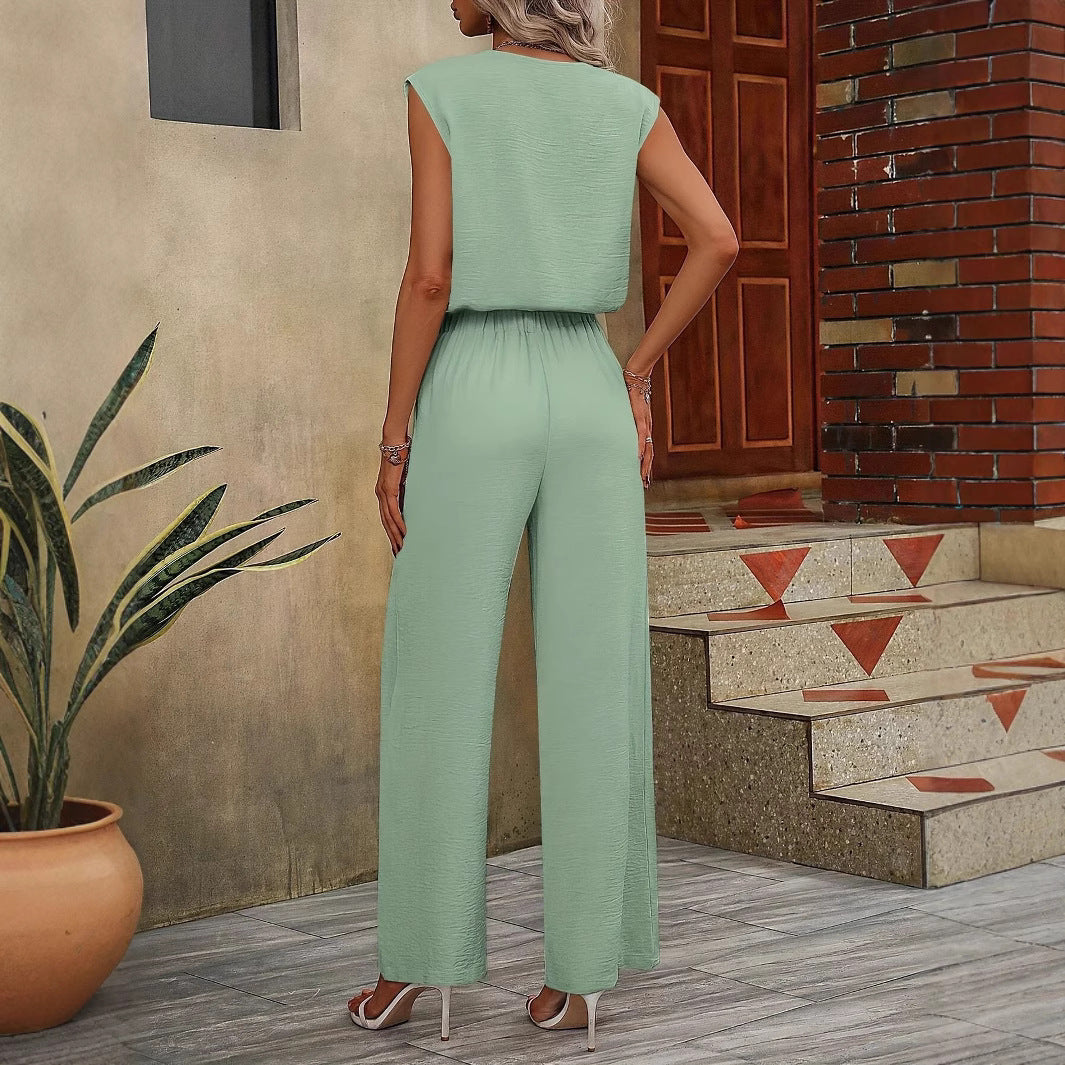 Women's Set with Sleeveless Top and Wide Pants – V-neck – Adjustable Waist – Breathable Fabric