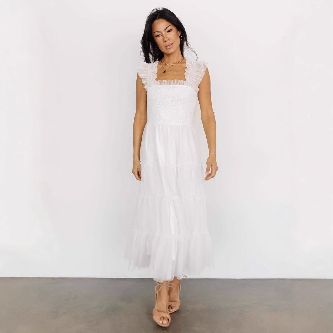 Women's Dress Long – Smocked Bodice – Tiered Mesh Skirt – Sleeveless with Ruffles