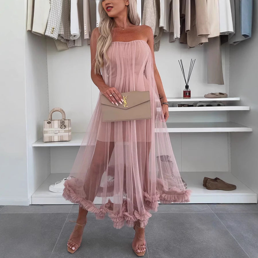 Women's Dress Midi – Strapless Tulle – Loose A-line – Ruffle Hem Casual Style