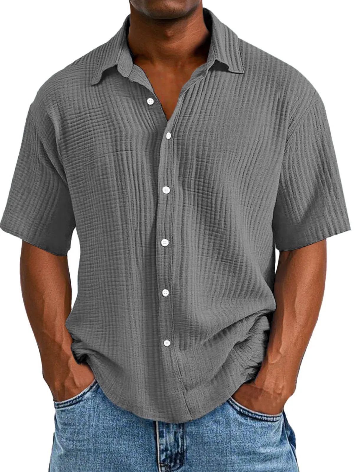 Men's Shirt with Short Sleeves – Relaxed Fit – Breathable Natural Fiber – Collar and Buttons