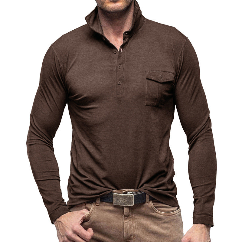 Men's Henley Pique Shirt – Long Sleeve – Modern Collar – Chest Pocket – Regular Fit
