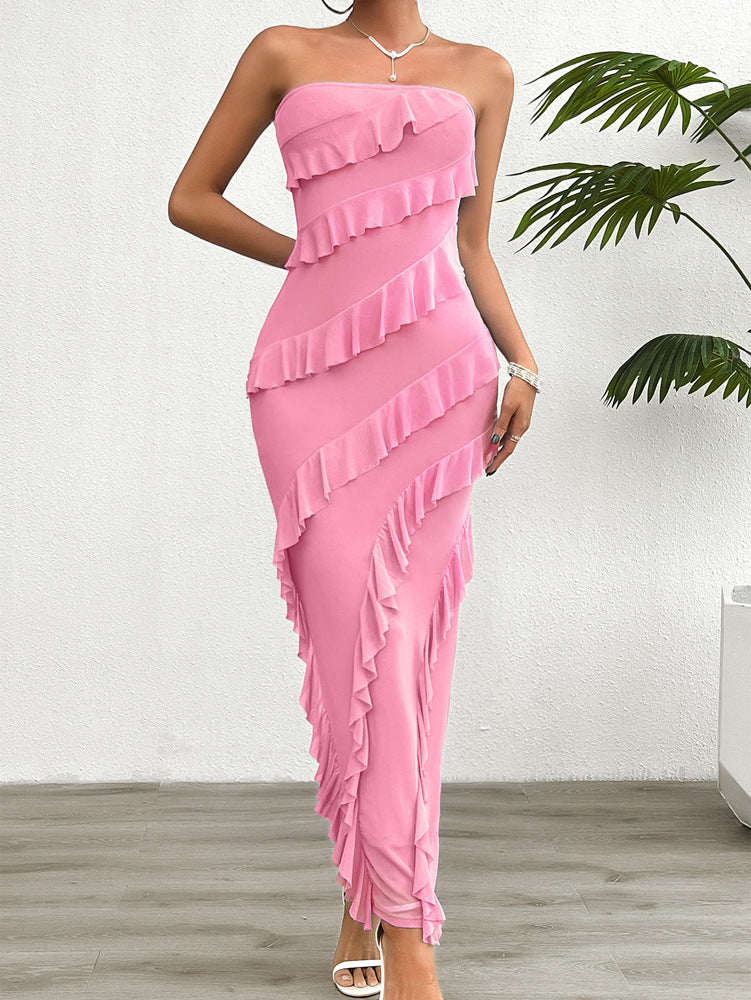 Dress for Women – Strapless – Slim Fit – Floor-Length – Asymmetric Ruffle