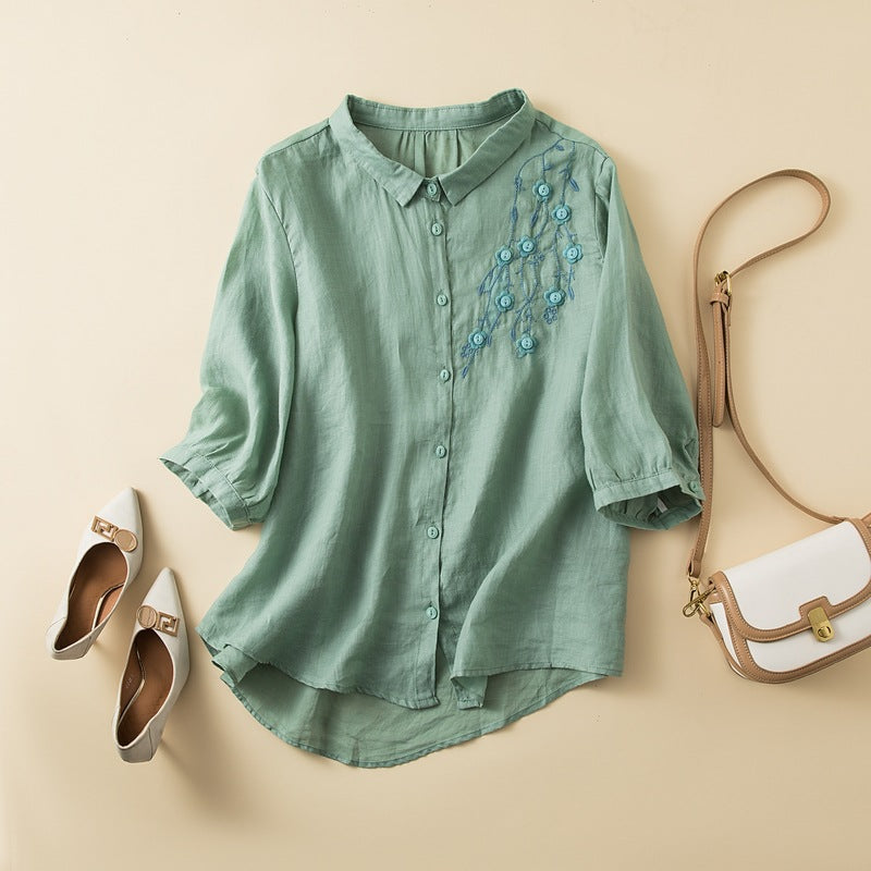Women's Shirt – Natural Fibers – Relaxed Fit – Embroidered – Mid-Length Sleeves