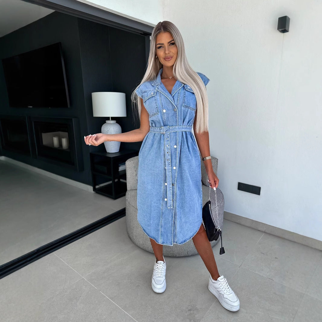 Women's Dress in Denim – Sleeveless – Knee-Length – Belt at Waist – Button Front