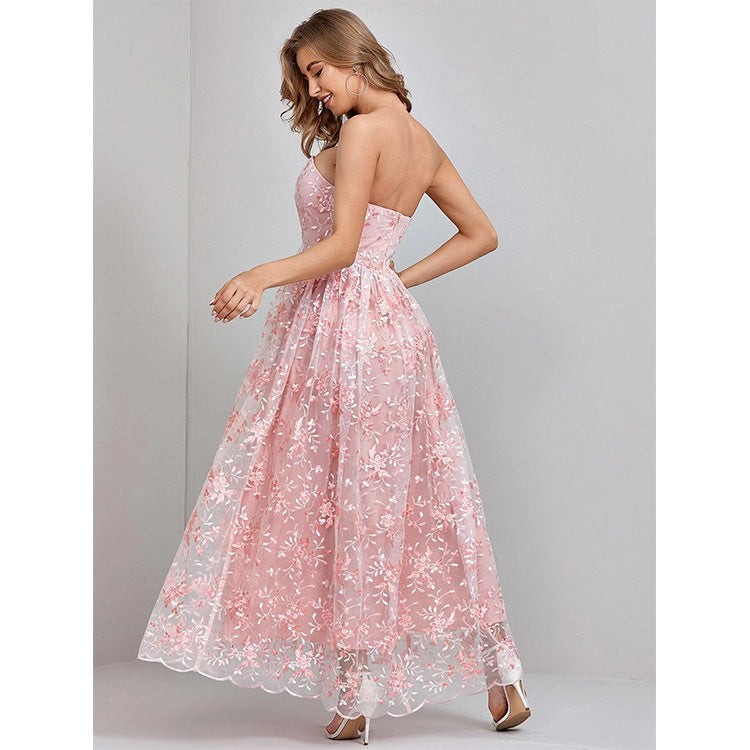 Dress for Women – Strapless Evening Dress – Lace with Embroidery – Full Length and Flared Fit